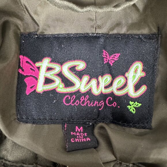 B Sweet Olive Green Womens Bomber Jacket Medium Zip Up Hooded Casual Lightweight - Picture 4 of 7
